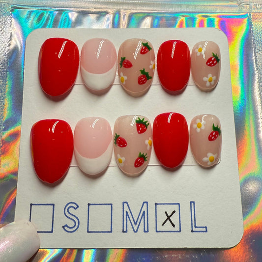 "Strawberry Sweetness" Strawberry & French Tip Press-On Nails | Short Round Size Large