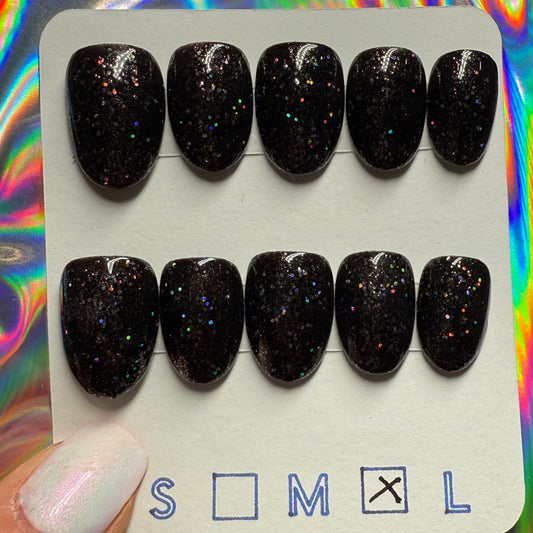 "Midnight Sparkle" Black Glitter Press-On Nails | Short Round Size Large