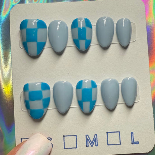 "Blue Check Bliss" Light Blue Checkerboard Press-On Nails | Extra Short Almond Size Small