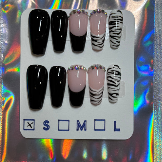 "Wild Instinct" Zebra Print & French Tip Press-On Nails | Medium Coffin Size Small