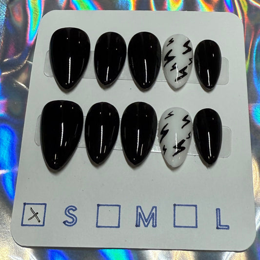 "Electric Edge Vibe" Lightning Bolt Press-On Nails | Short Almond Black & White Size Small