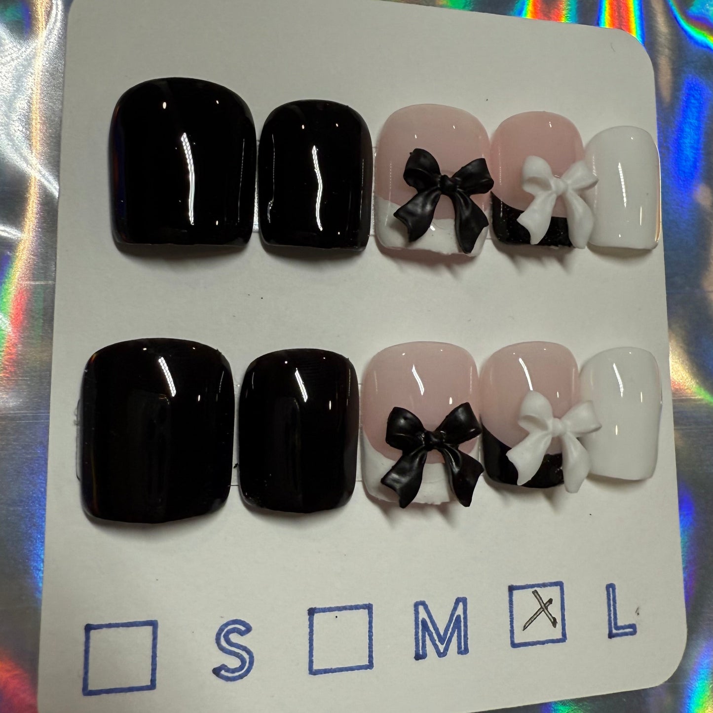 "Bow-Tifully Chic" Black & White French Tip Press-On Nails | Extra Short Square Size Large