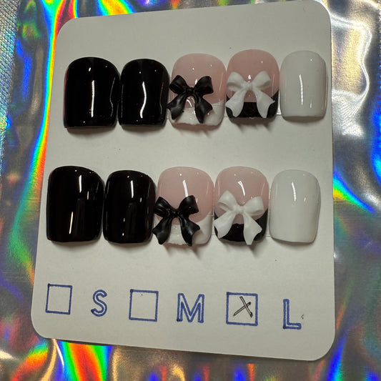 "Bow-Tifully Chic" Black & White French Tip Press-On Nails | Extra Short Square Size Large