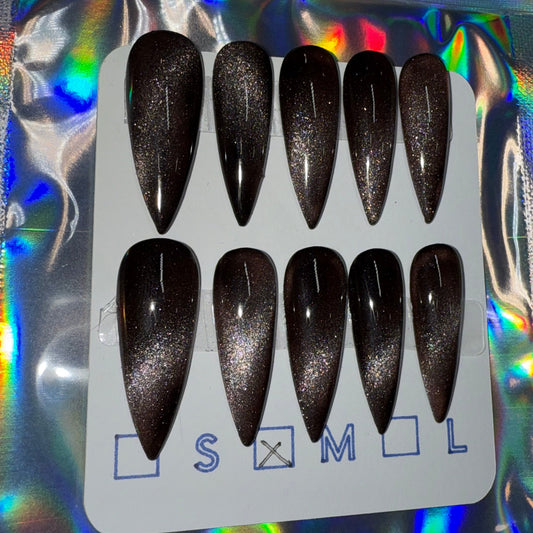 "Shadow Flame" Black Cat Eye Press-On Nails | Long Stiletto Size Medium