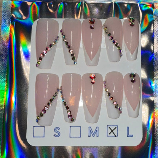 "Diamond Drip" White French Tip & Gem Press-On Nails | Long Coffin Size Large