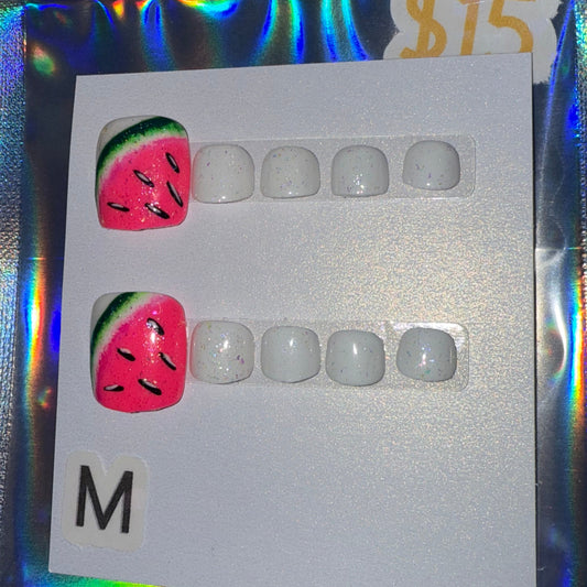 "Frosted Melon" White Glitter & Watermelon Press-On Toenails | Medium