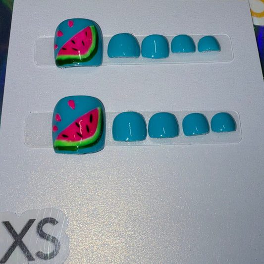 "Tropical Pop" Tiffany Blue Press-On Toenails with Watermelon Accent | Size Extra Small