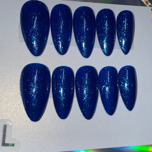 "Azure Sparkle" Blue Glitter Press-On Nails | Medium Almond  Size Large