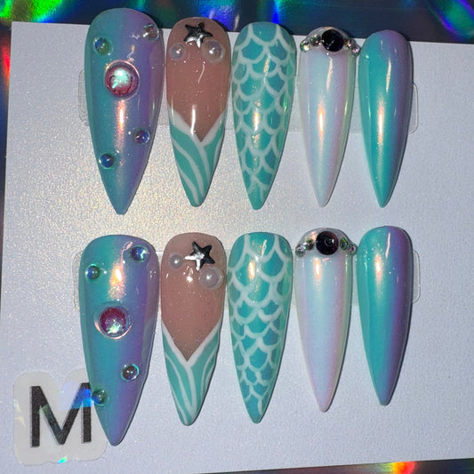 "Enchanted Abyss" Mermaid Chrome, Ombre & Scales Press-On Nails | Long Stiletto Size Medium