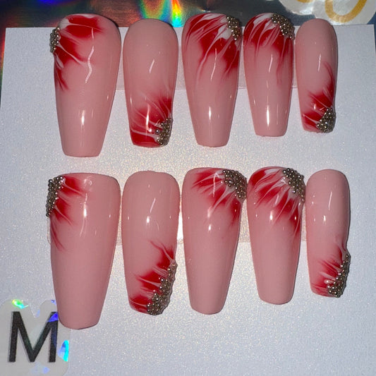 "Whispering Petals" Light Pink Blooming Gel Floral Press-On Nails | Long Coffin Size Medium