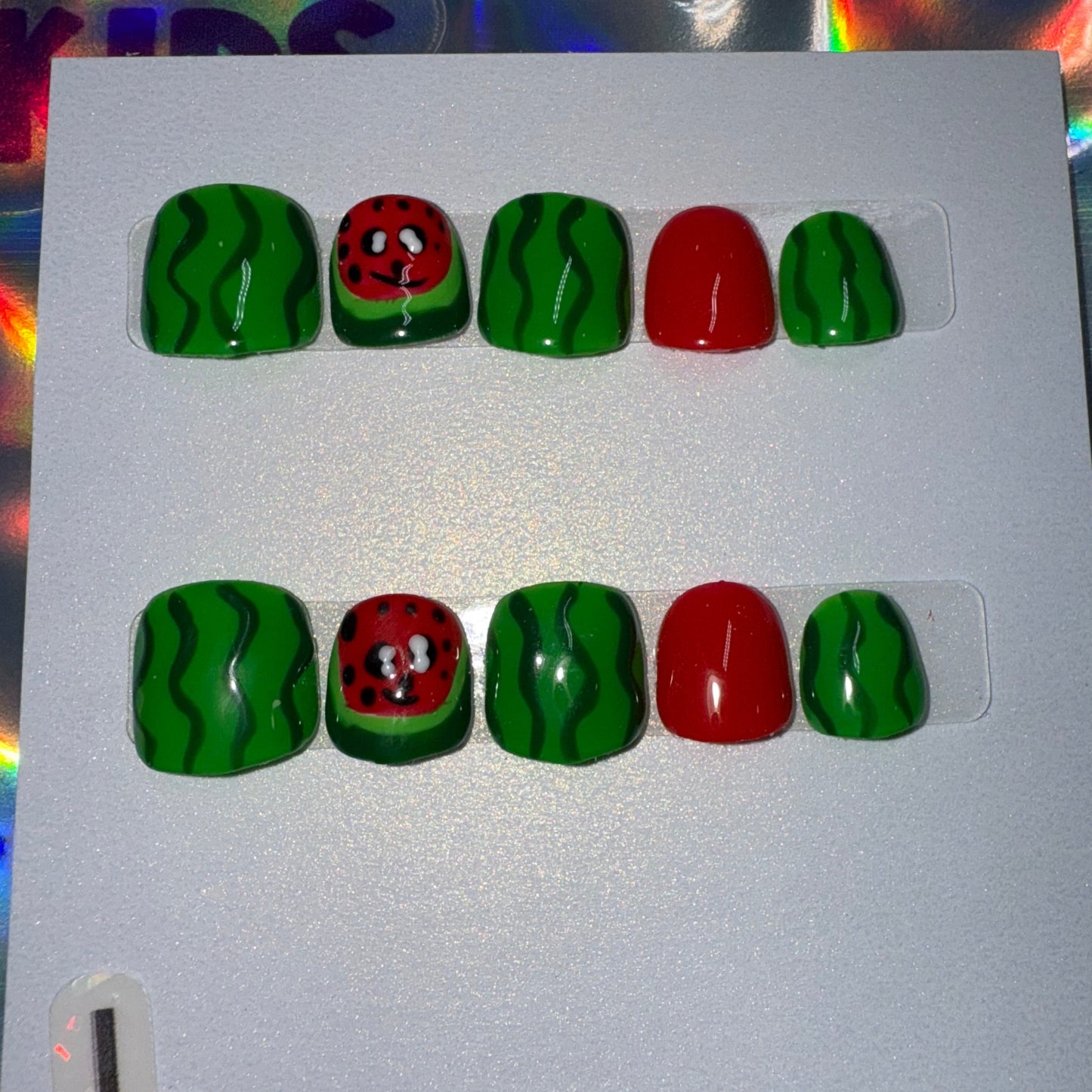 "Melon Mania" Kids Watermelon & Wavy Green Press-On Nails |Size Large