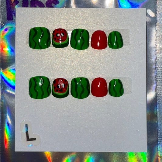 "Melon Mania" Kids Watermelon & Wavy Green Press-On Nails |Size Large