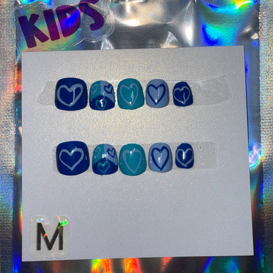"Ocean Heartbeats" Kids Blue & Heart Press-On Nails | Size Medium