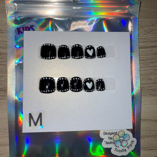 "Stitched Heart" Kids Black Press-On Nails with White Heart & Stitching | Size Medium