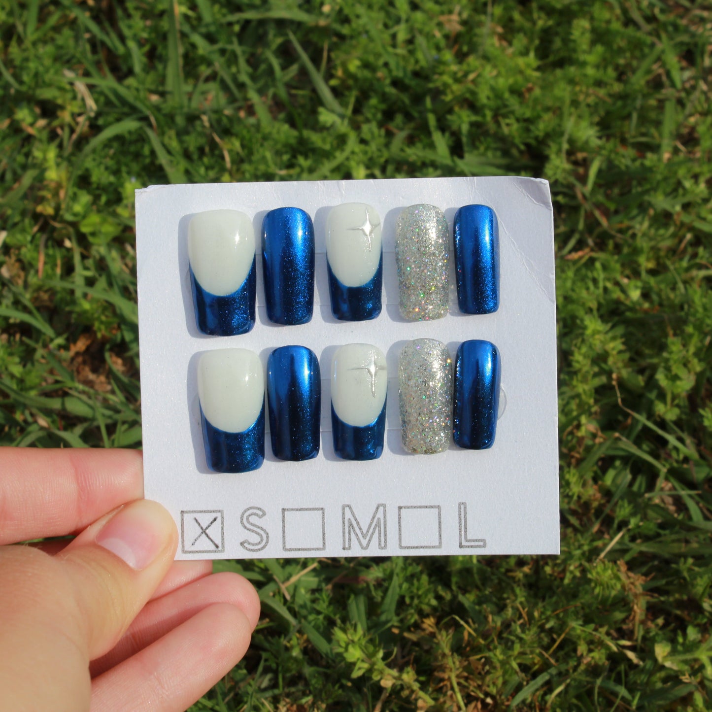 Cosmic Blue Chrome Nails with Star Accent Medium Square (Size Small)- CLEARANCE