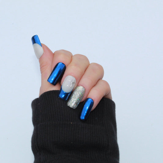 Cosmic Blue Chrome Nails with Star Accent Medium Square (Size Small)- CLEARANCE