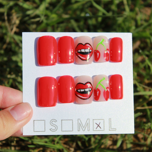 "Sweet Kisses & Cherries" Red & Nude Press-On Nails | Short Square Size Large