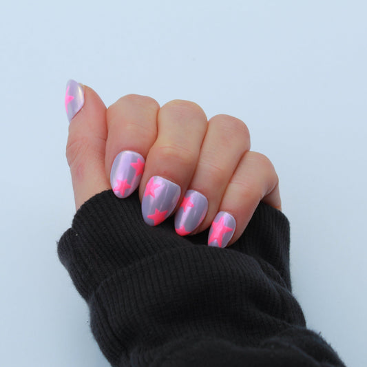 "Starry Lavender Sky" Chrome & Star Press-On Nails | Extra Short Almond Size Medium