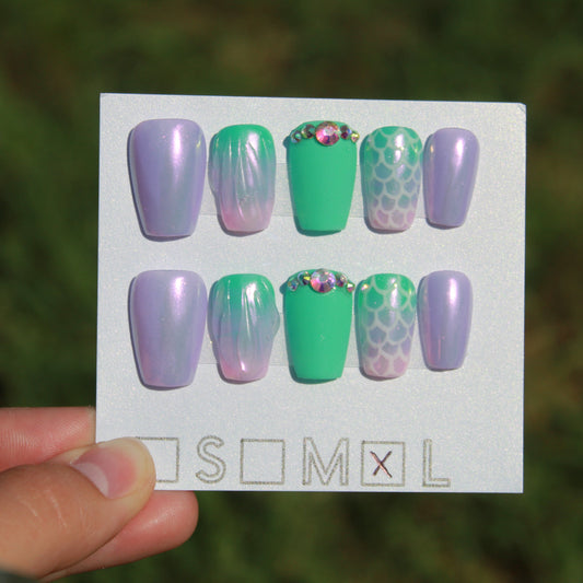 "Mermaid Vibes" Chrome & Ombre Press-On Nails | Short Coffin Size Large