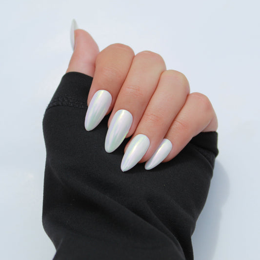 "Iridescent Siren" White Mermaid Chrome Press-On Nails | Medium Almond  Size Small