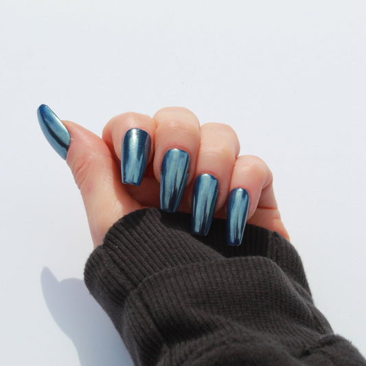 "Midnight Chrome" Navy Blue Chrome Press-On Nails | Medium Coffin Size Small