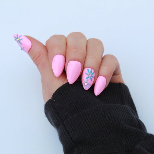 Short Almond Light Pink (Size Medium) Press-On Nails with Floral Accents | Gel X Custom Set