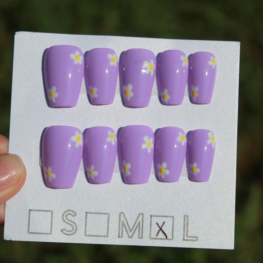 "Lilac Bloom" Floral Press-On Nails | Short Coffin Size Large