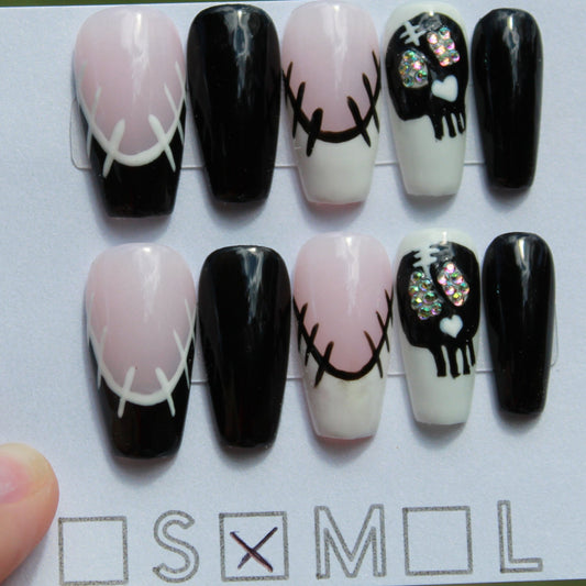 "Edgy Stitch" Skull & Stitch Press-On Nails | Black & White Medium Coffin Size Medium