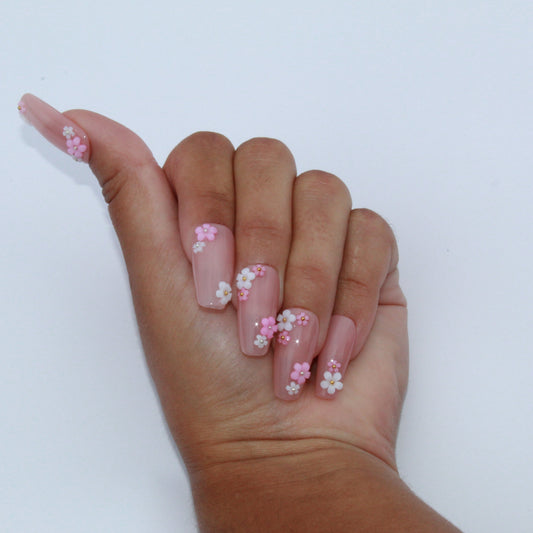 "Enchanted Garden" Nude Floral Charm Press-On Nails | Medium Coffin Size Medium